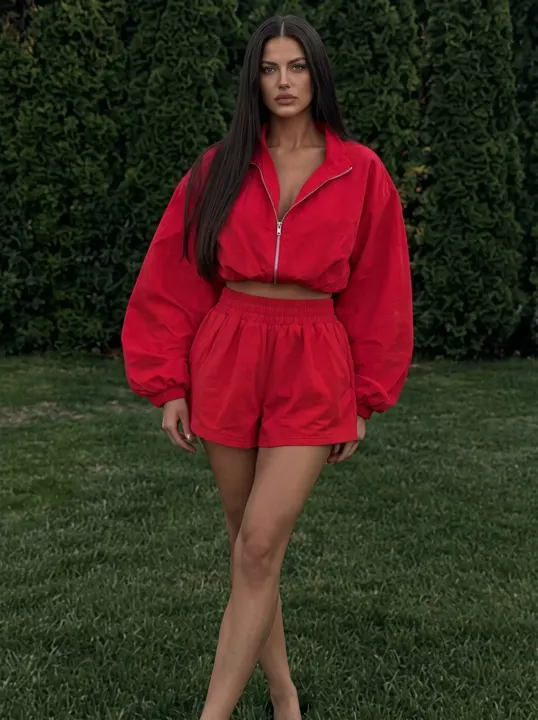 Red Zip-Up Windbreaker & Shorts Set