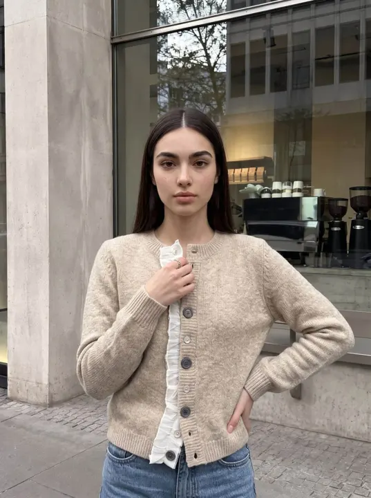 Beige Knit Cardigan with Contrast Ruffle Trim