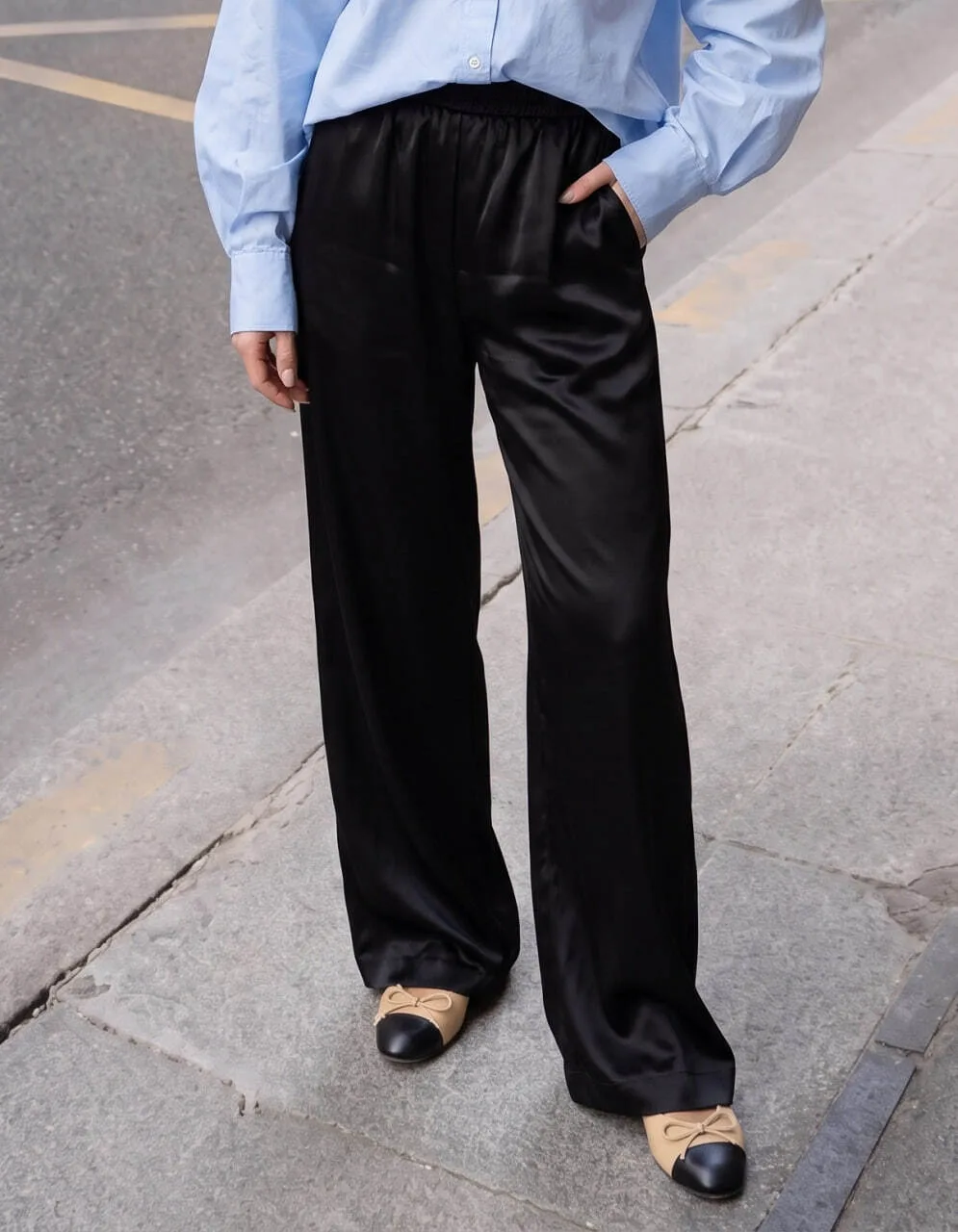 Black Satin Pull-On Pants — 1