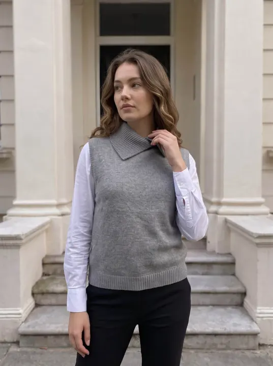 Gray Knit Vest with Statement Collar
