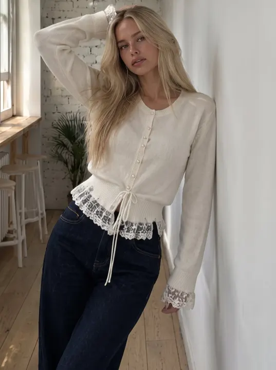 Lace Trim Knit Cardigan with Pearl Buttons