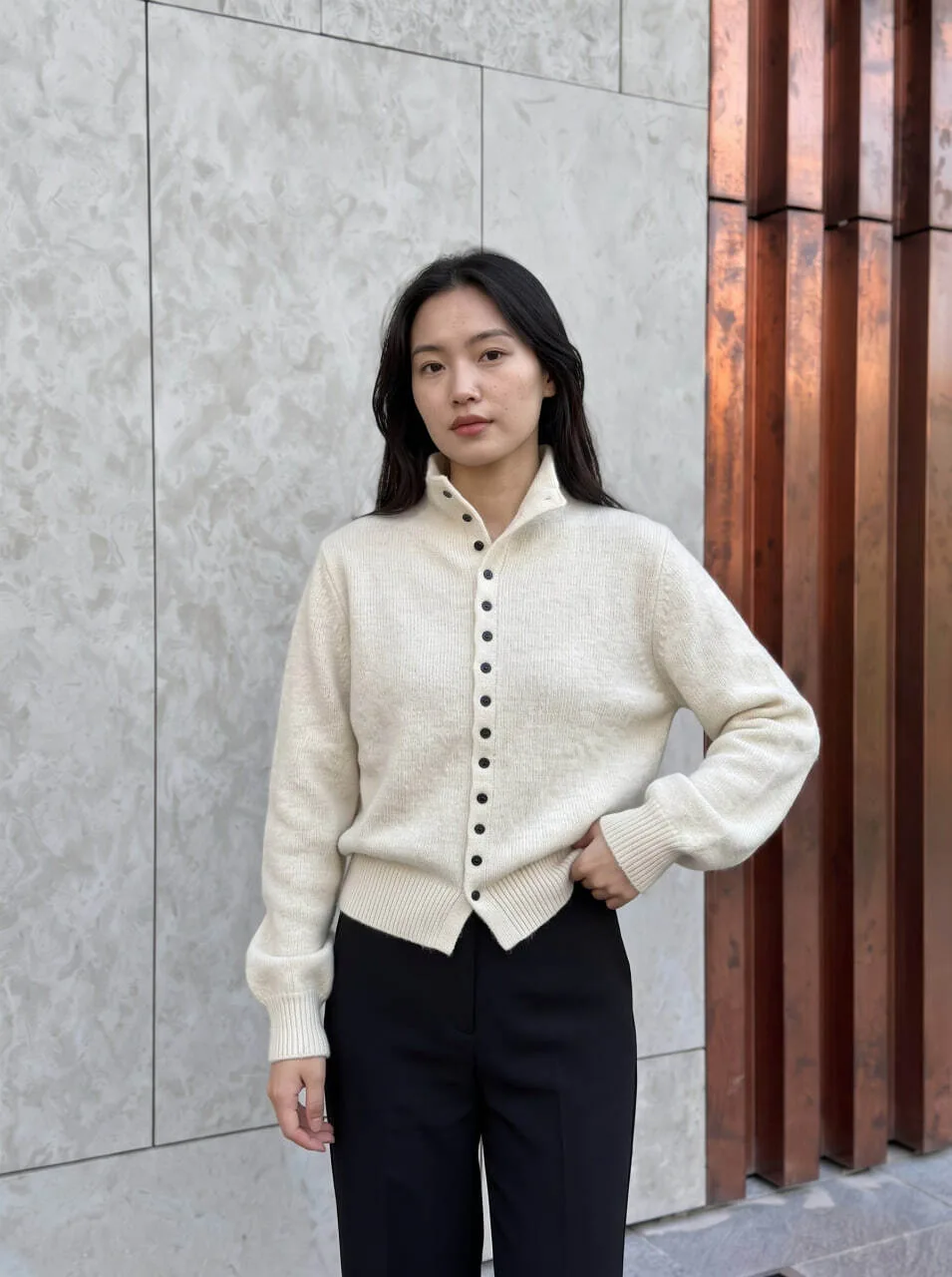 Ivory Knit Cardigan with Contrast Buttons — 1