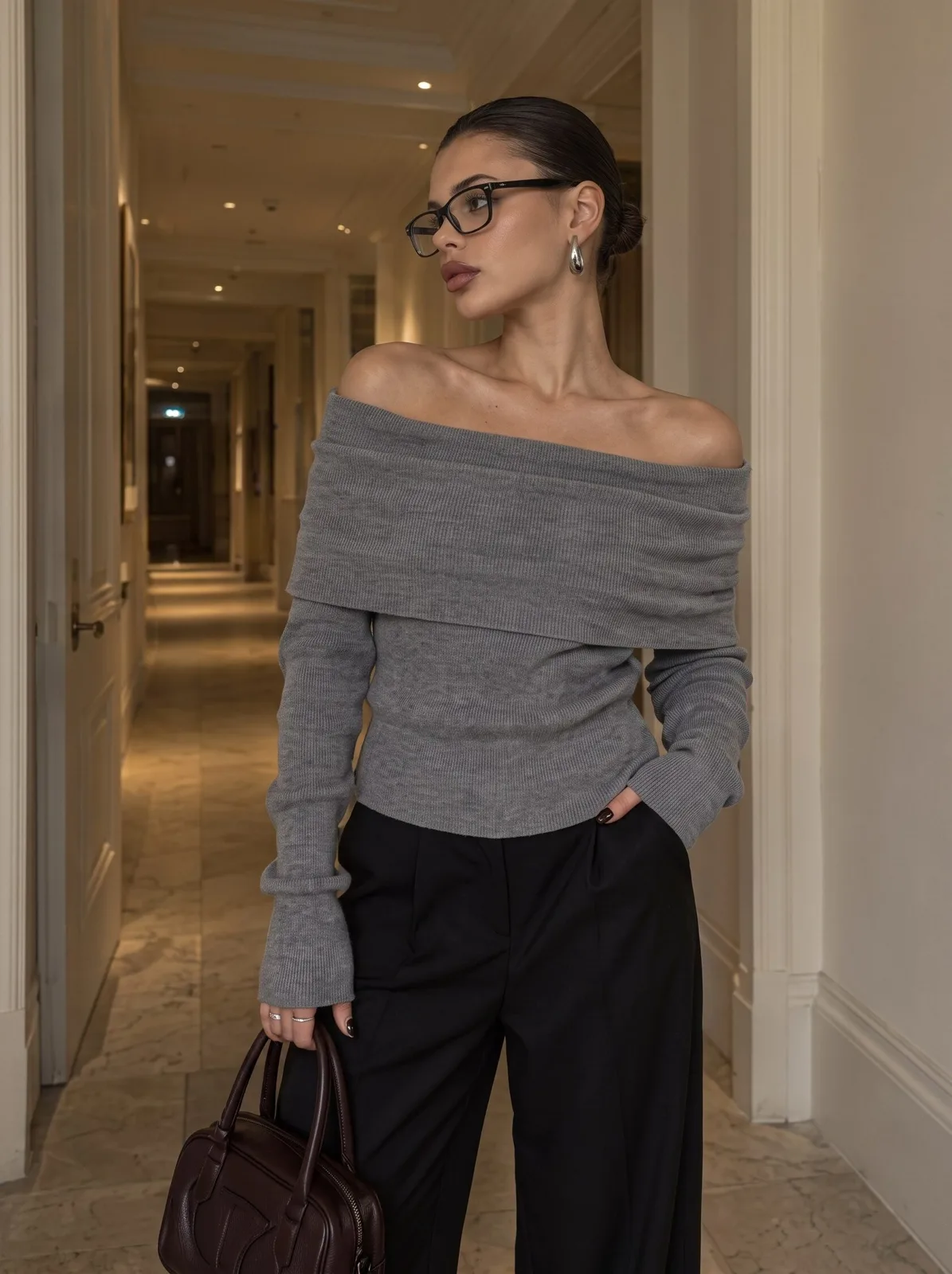 Gray Off-Shoulder Knit Sweater — 1